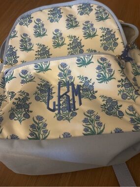 Roller Rabbit Cream Backpack with Blue Floral Print and Blue Monogram